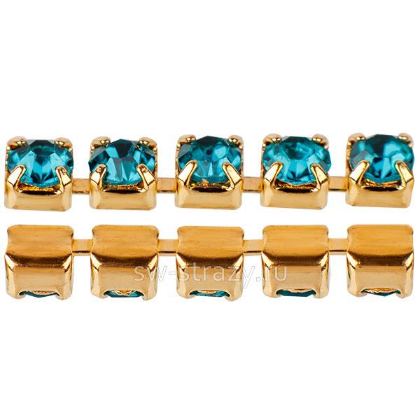Стразовая цепь 2 мм  Blue Zircon\gold